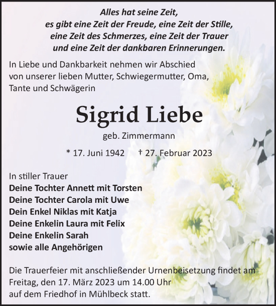 Traueranzeige von Sigrid Liebe von Trauerkombi Bitterfeld