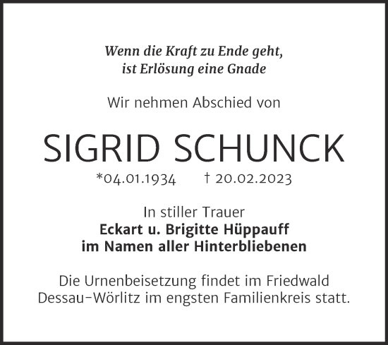 Traueranzeige von Sigrid Schunck von Trauerkombi Dessau