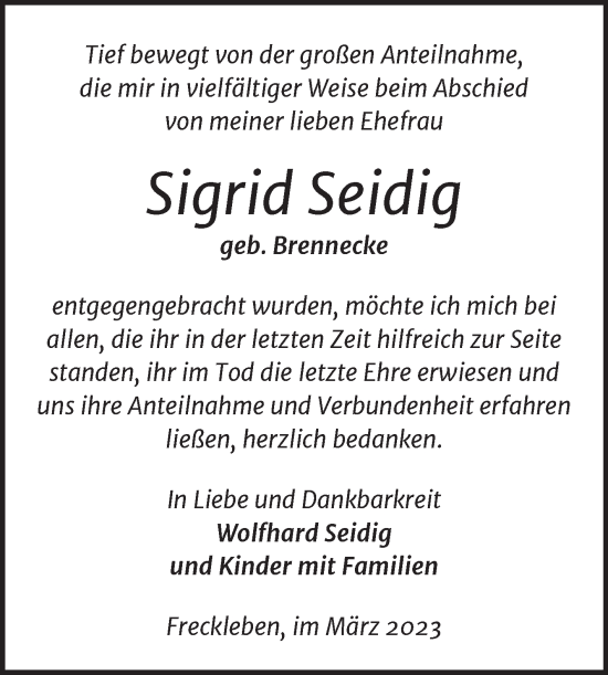 Traueranzeige von Sigrid Seidig von Trauerkombi Aschersleben