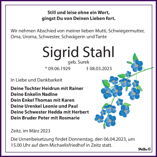 Traueranzeige von Sigrid Stahl von Trauerkombi Zeitz