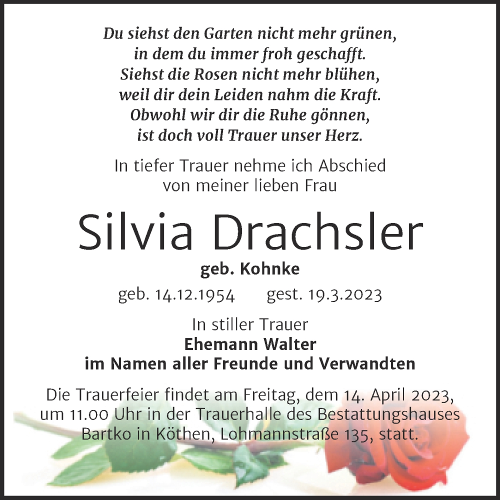  Traueranzeige für Silvia Drachsler vom 25.03.2023 aus Trauerkombi Merseburg