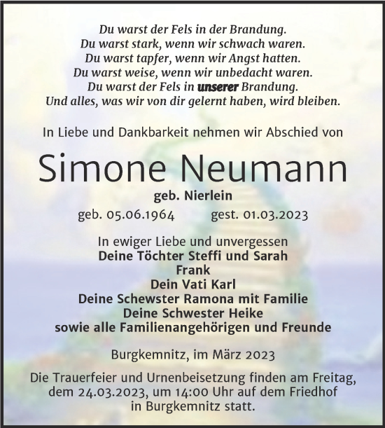 Traueranzeige von Simone Neumann von Trauerkombi Bitterfeld