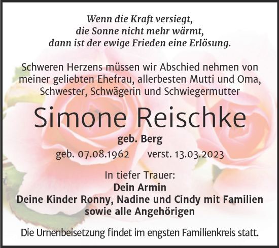 Traueranzeige von Simone Reischke von Trauerkombi Weißenfels