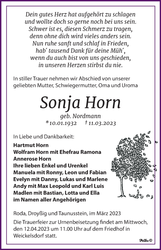 Traueranzeige von Sonja Horn von Trauerkombi Zeitz