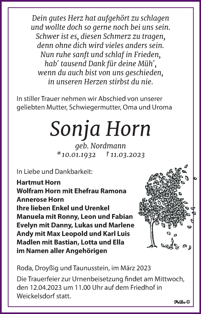  Traueranzeige für Sonja Horn vom 18.03.2023 aus Trauerkombi Zeitz