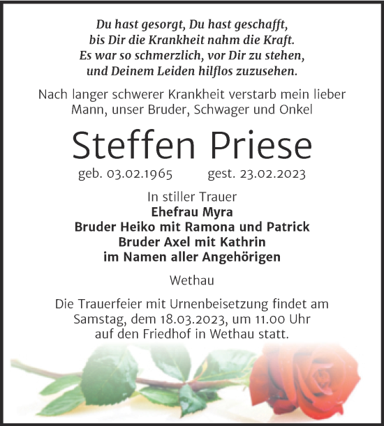Traueranzeige von Steffen Priese von Naumburger Tageblatt