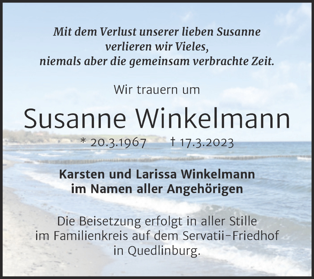  Traueranzeige für Susanne Winkelmann vom 31.03.2023 aus Trauerkombi Quedlinburg