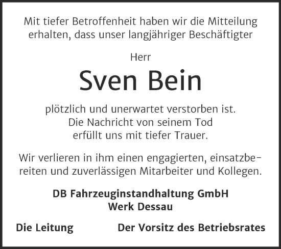 Traueranzeige von Sven Bein von Mitteldeutsche Zeitung Halle/Saalkreis