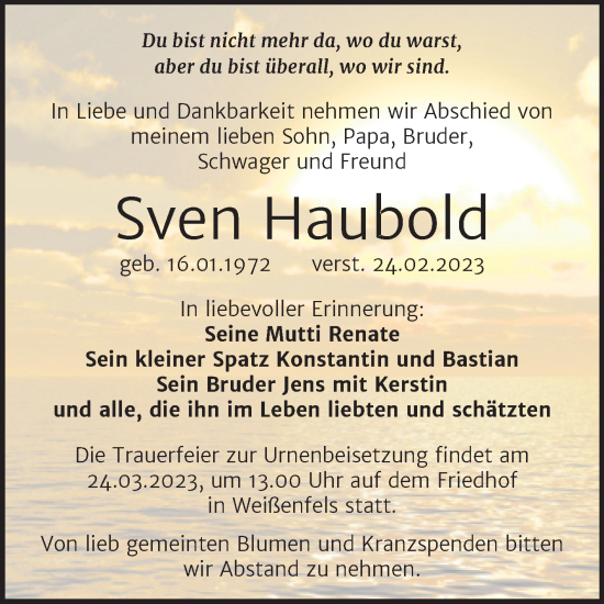 Traueranzeige von Sven Haubold von Trauerkombi Weißenfels
