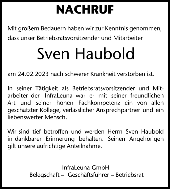Traueranzeige von Sven Haubold von Mitteldeutsche Zeitung Merseburg/Querfurt