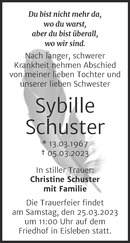  Traueranzeige für Sybille Schuster vom 22.03.2023 aus Trauerkombi Mansfelder Land