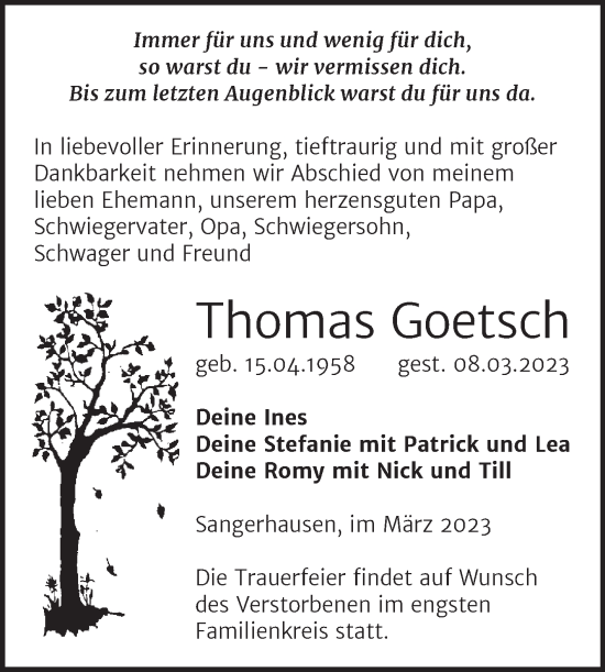 Traueranzeige von Thomas Goetsch von Mitteldeutsche Zeitung Sangerhausen