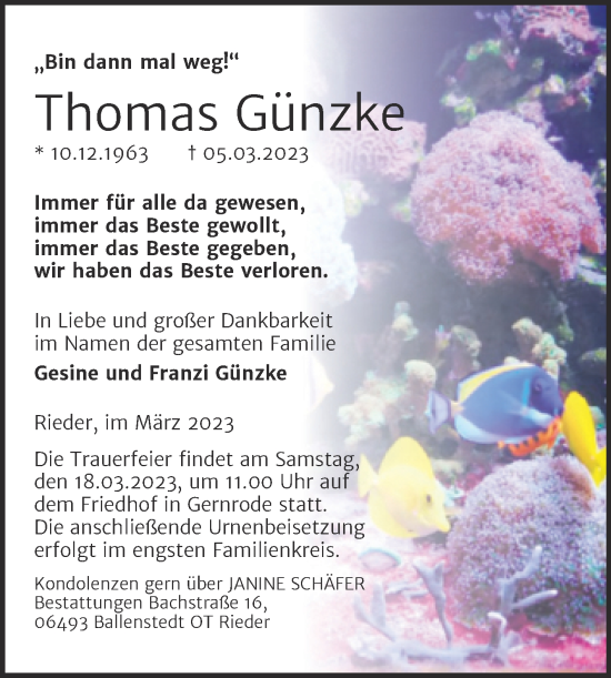 Traueranzeige von Thomas Günzke von Trauerkombi Quedlinburg