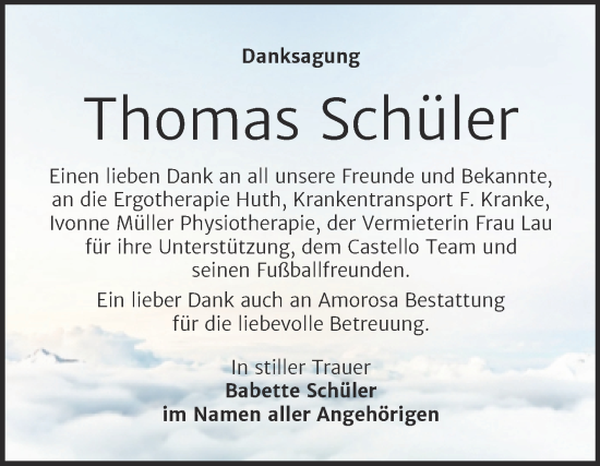 Traueranzeige von Thomas Schüler von Trauerkombi Dessau