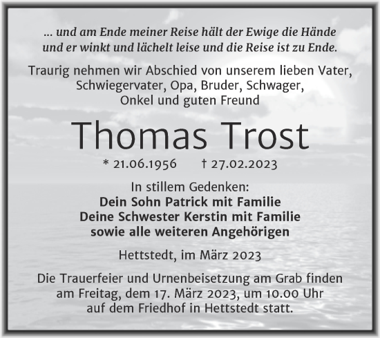 Traueranzeige von Thomas Trost von Trauerkombi Mansfelder Land