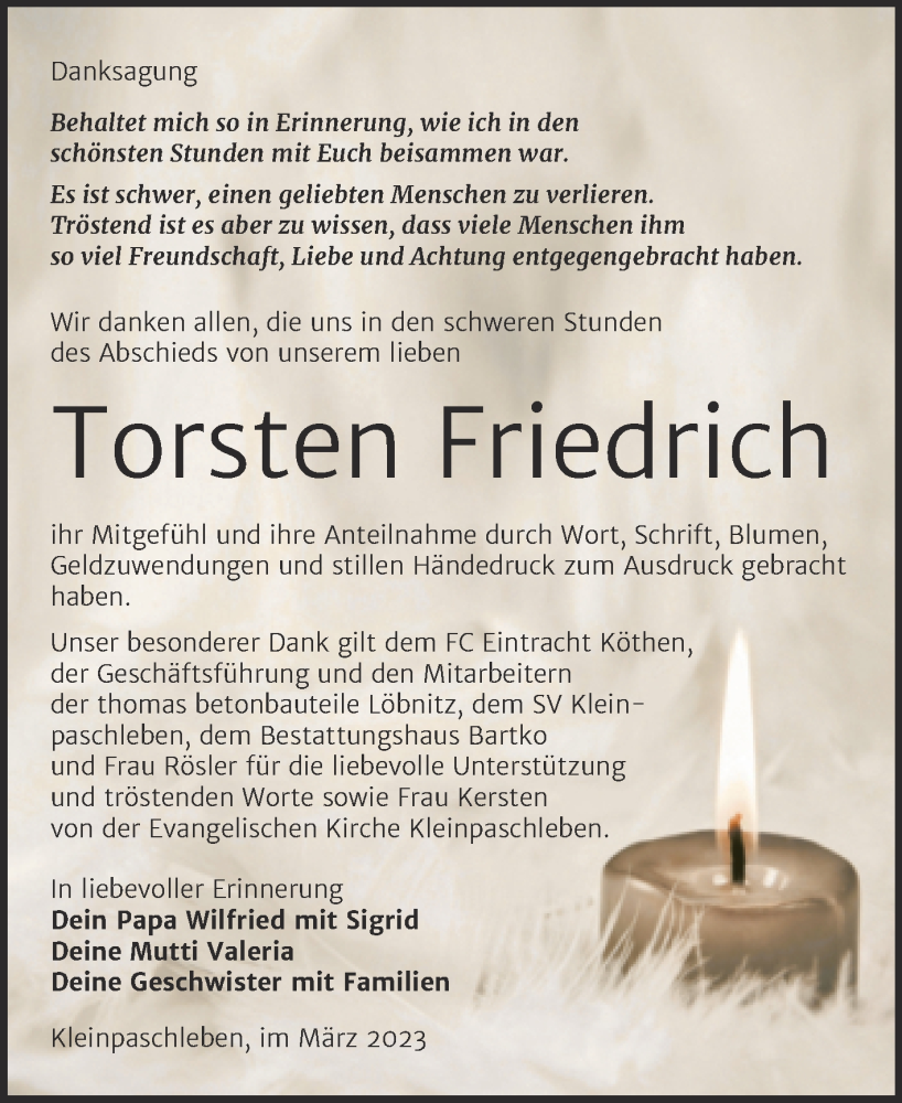  Traueranzeige für Torsten Friedrich vom 25.03.2023 aus Trauerkombi Köthen