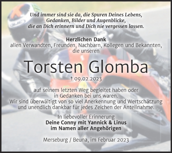 Traueranzeige von Torsten Glomba von Trauerkombi Merseburg