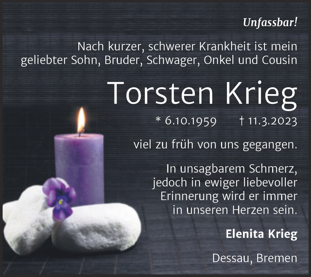  Traueranzeige für Torsten Krieg vom 18.03.2023 aus Trauerkombi Dessau