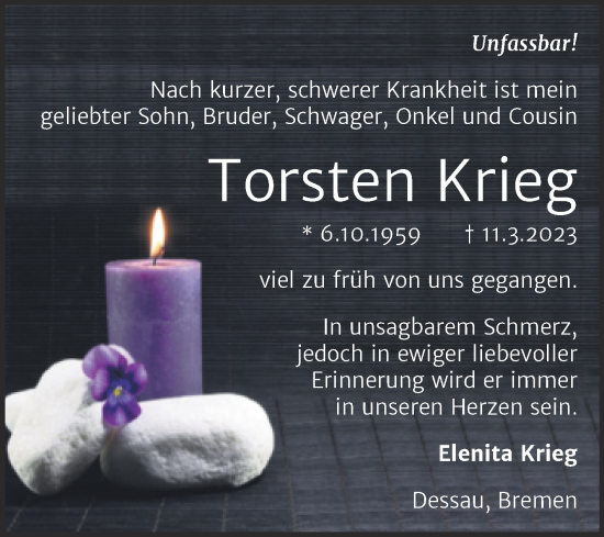 Traueranzeige von Torsten Krieg von Trauerkombi Dessau