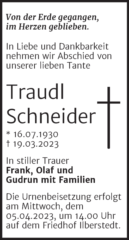 Traueranzeige von Traudl Schneider von Trauerkombi Bernburg