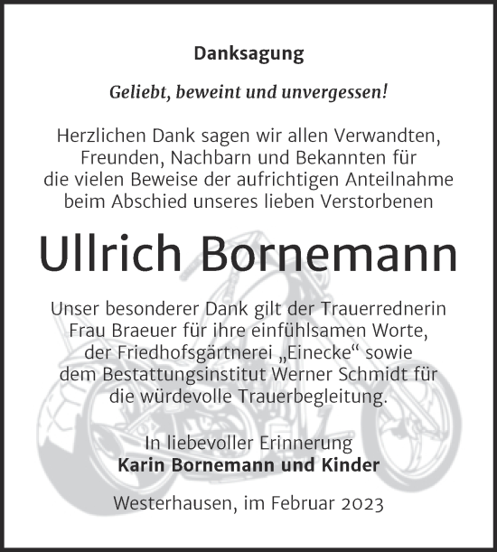 Traueranzeige von Ullrich Bornemann von Trauerkombi Quedlinburg
