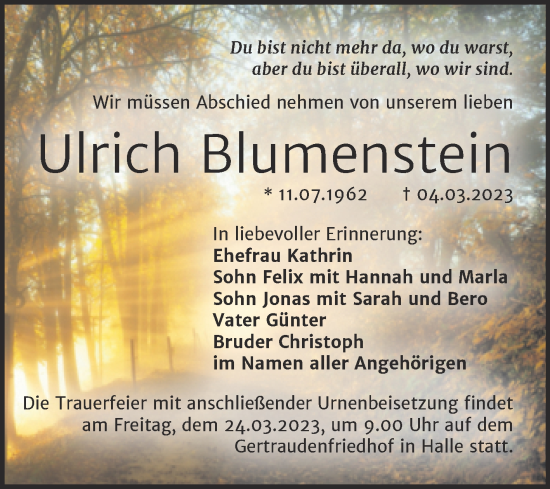 Traueranzeige von Ulrich Blumenstein von Mitteldeutsche Zeitung Halle/Saalkreis