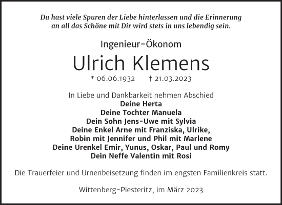 Traueranzeige von Ulrich Klemens von Trauerkombi Wittenberg