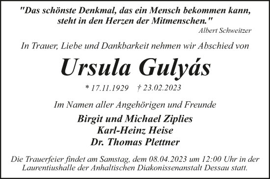 Traueranzeige von Ursula Gulyas von Mitteldeutsche Zeitung Dessau-Roßlau