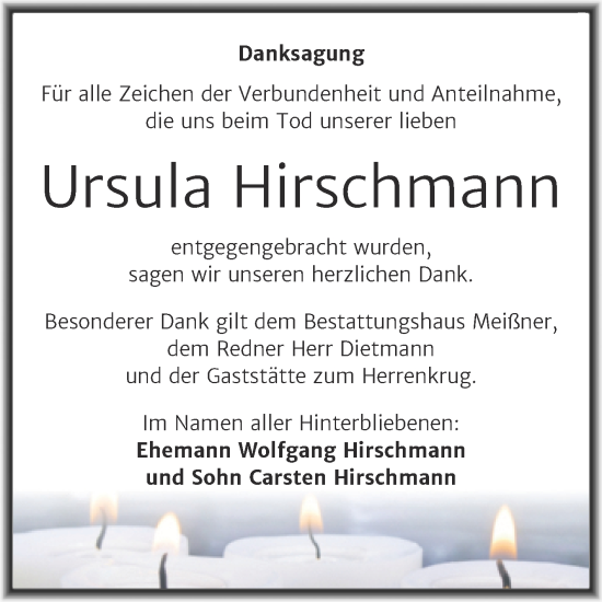 Traueranzeige von Ursula Hirschmann von Trauerkombi Sangerhausen