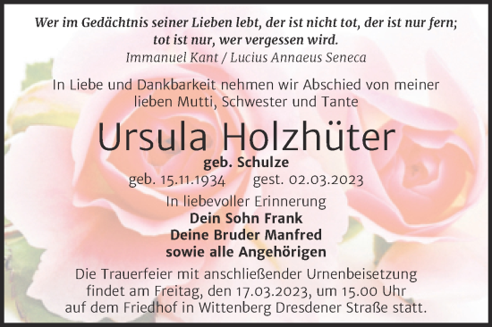 Traueranzeige von Ursula Holzhüter von Trauerkombi Wittenberg
