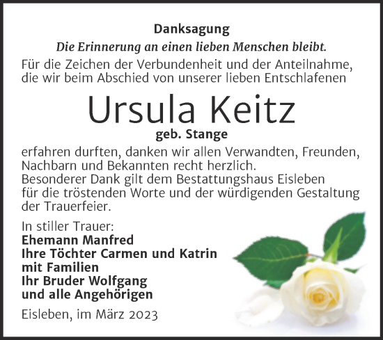 Traueranzeige von Ursula Keitz von Trauerkombi Mansfelder Land