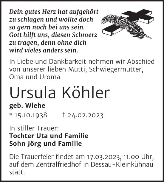Traueranzeige von Ursula Köhler von Trauerkombi Dessau