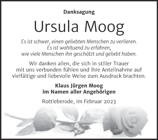 Traueranzeige von Ursula Moog von Trauerkombi Sangerhausen