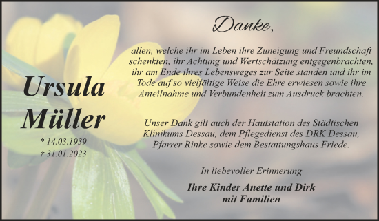 Traueranzeige von Ursula Müller von Mitteldeutsche Zeitung Dessau-Roßlau