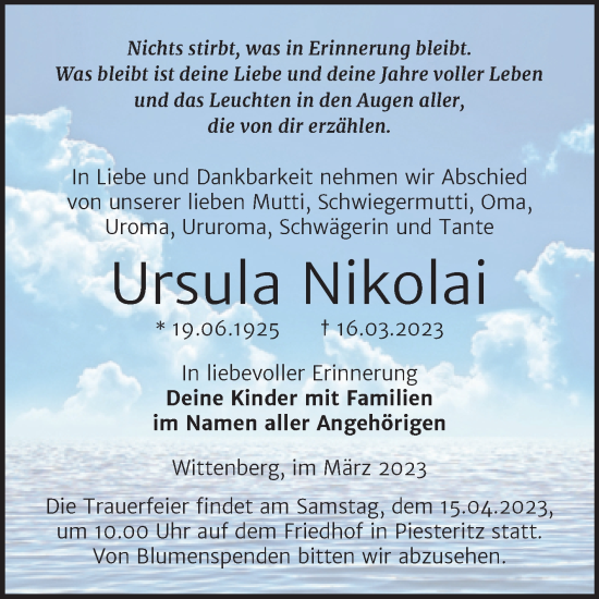 Traueranzeige von Ursula Nikolai von Trauerkombi Wittenberg