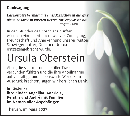 Traueranzeige von Ursula Oberstein von Trauerkombi Zeitz