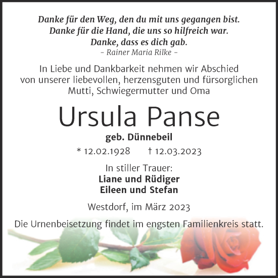 Traueranzeige von Ursula Panse von Trauerkombi Aschersleben