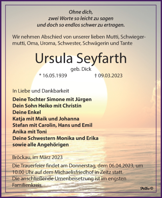 Traueranzeige von Ursula Seyfarth von Trauerkombi Zeitz