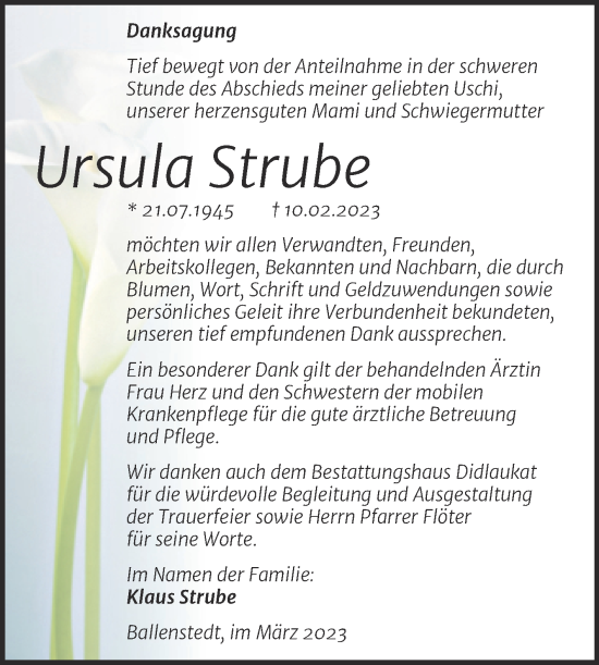 Traueranzeige von Ursula Strube von Trauerkombi Quedlinburg