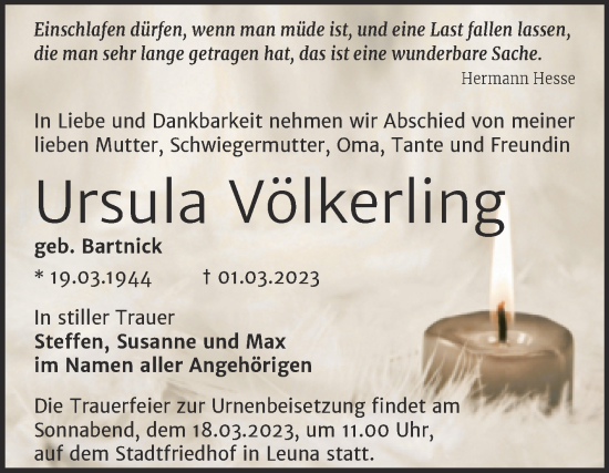 Traueranzeige von Ursula Völkerling von Mitteldeutsche Zeitung Halle/Saalkreis