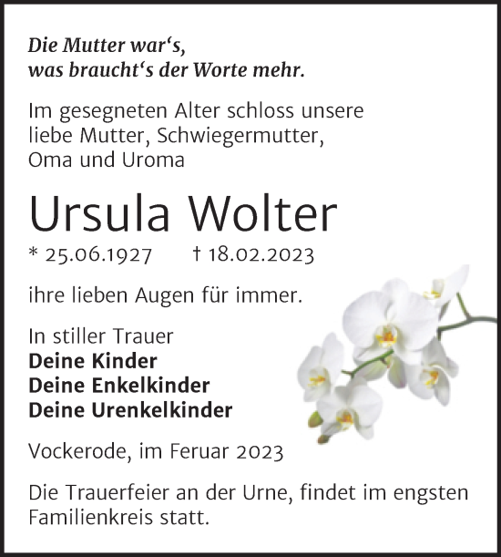 Traueranzeige von Ursula Wolter von Trauerkombi Wittenberg