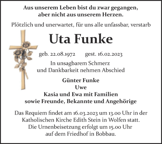 Traueranzeige von Uta Funke von Trauerkombi Bitterfeld