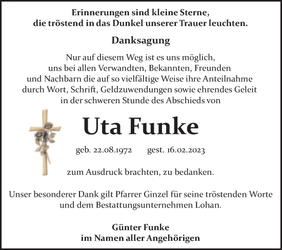 Traueranzeige von Uta Funke von Trauerkombi Bitterfeld