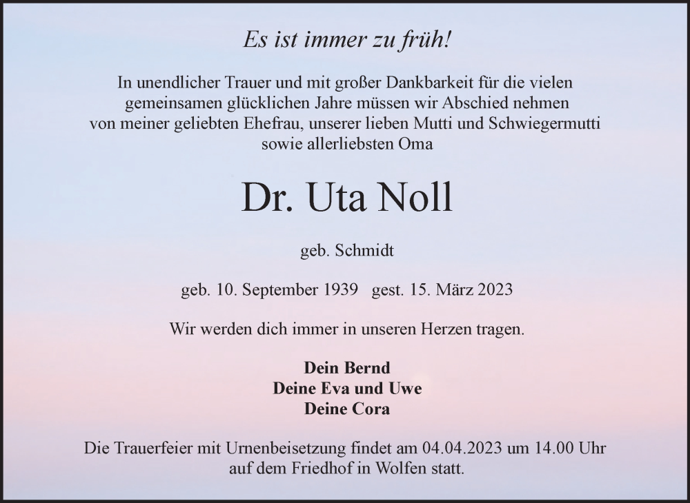  Traueranzeige für Uta Noll vom 25.03.2023 aus Trauerkombi Bitterfeld