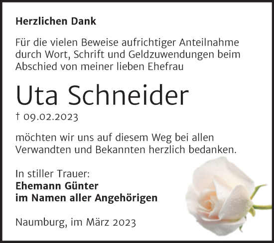 Traueranzeige von Uta Schneider von Wochenspiegel Naumburg/Nebra