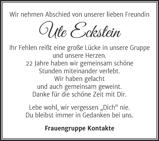 Traueranzeige von Ute Eckstein von Trauerkombi Sangerhausen