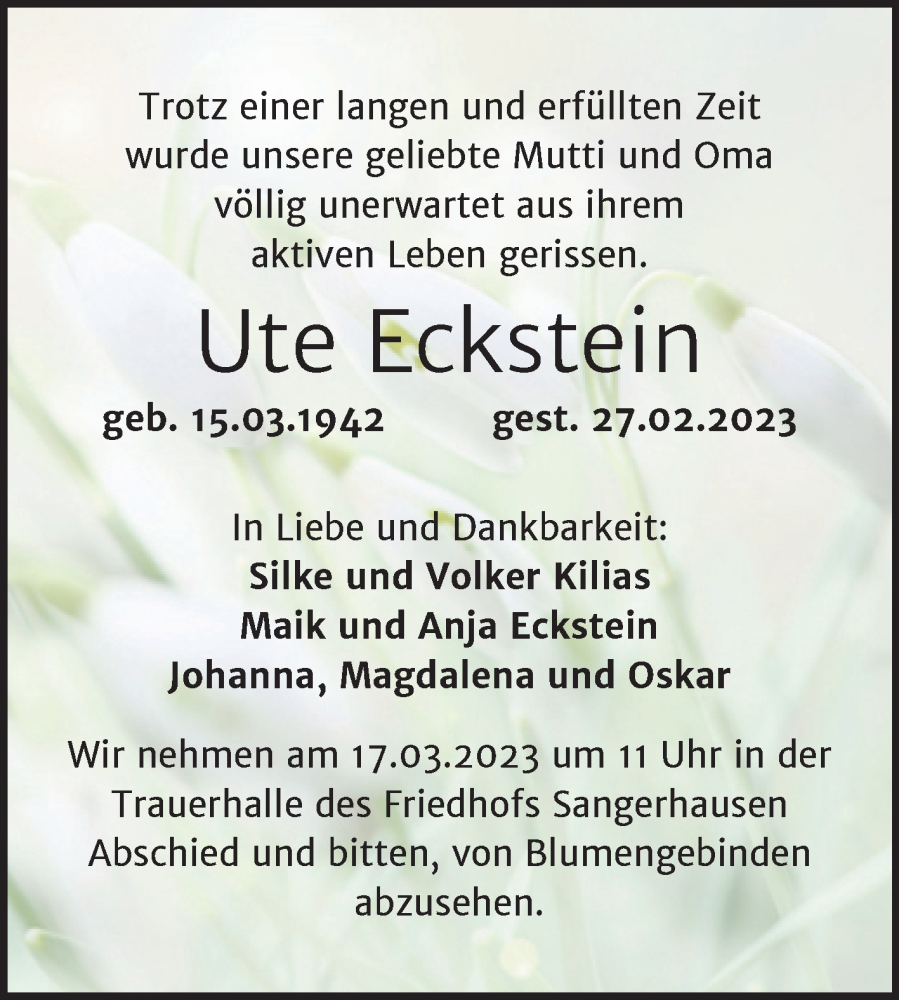  Traueranzeige für Ute Eckstein vom 07.03.2023 aus Trauerkombi Sangerhausen