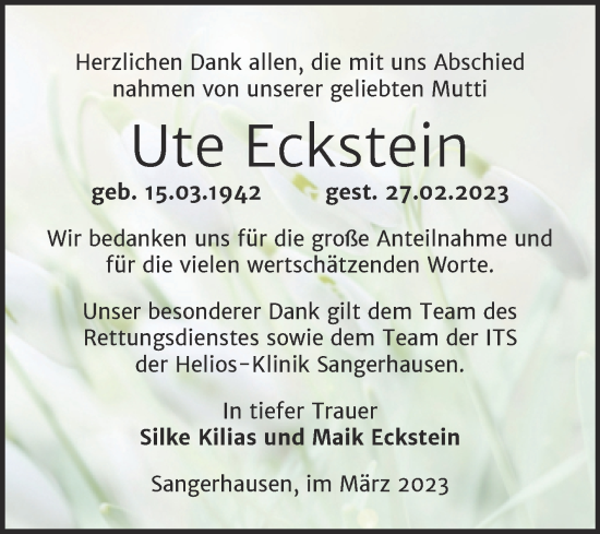 Traueranzeige von Ute Eckstein von Trauerkombi Sangerhausen