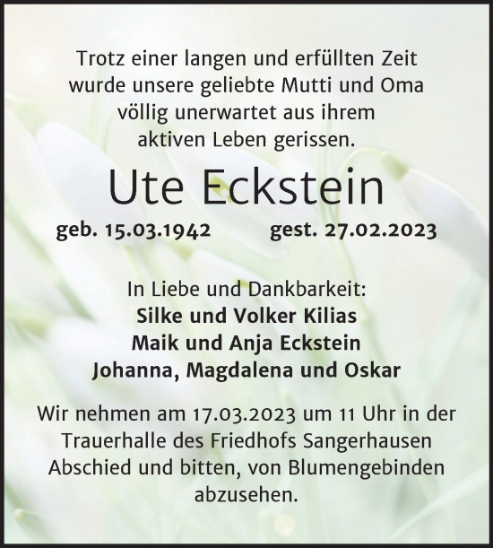 Traueranzeige von Ute Eckstein von Trauerkombi Sangerhausen