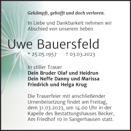 Traueranzeige von Uwe Bauersfeld von Trauerkombi Sangerhausen